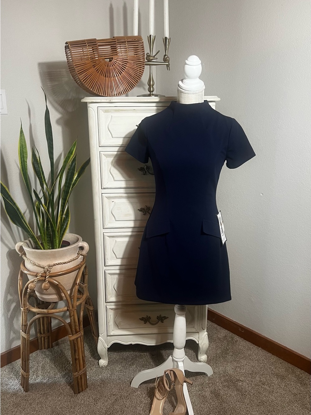 Navy Short-Sleeve Shift Dress